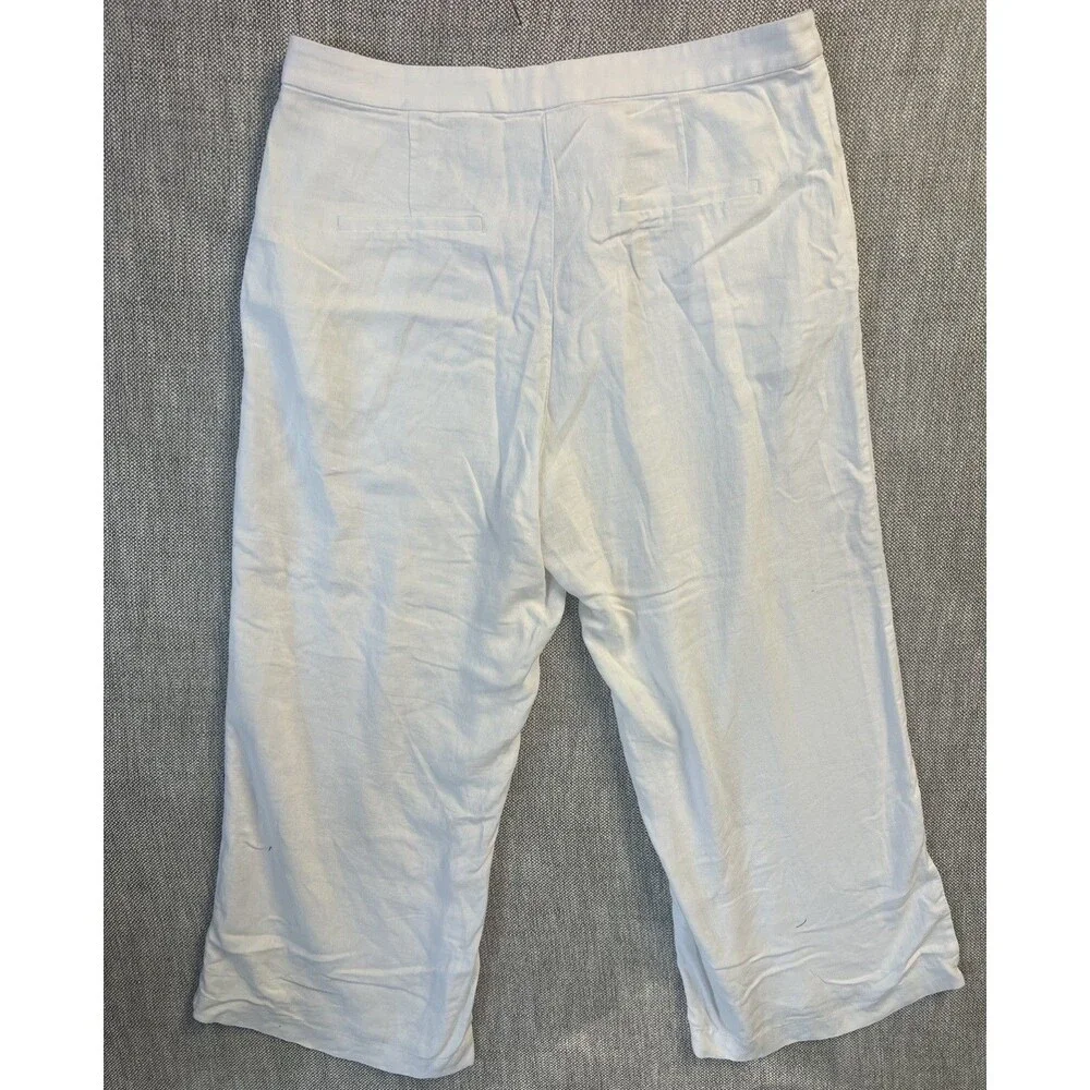 H&M White 100% Linen Wide-Leg Women's Dress Pants, Size XL Zipper, Flat Front
